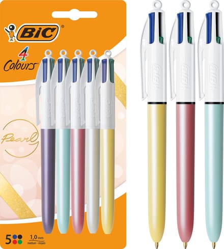 BIC 4 Kleuren Pen met Pareldesign - Balpen - Parel Design - Pennen - Medium Punt (1mm) - Pennen - 5 Stuks