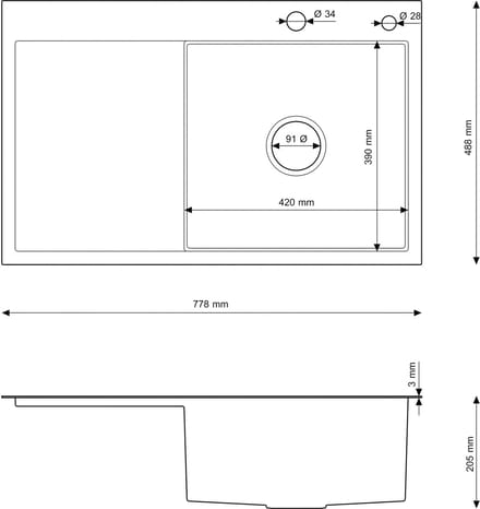 Granitan RVS Spoelbak Bari78P Enkelvoudige Kom met Sifon