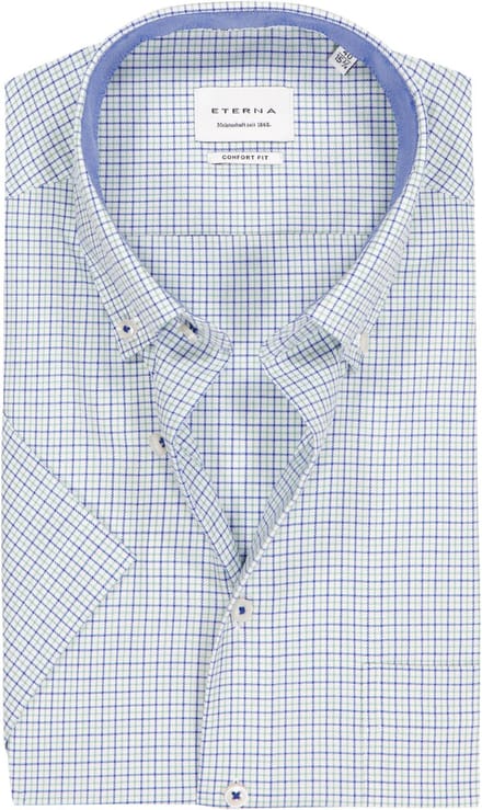 ETERNA comfort fit overhemd korte mouw - twill - wit met groen en blauw geruit