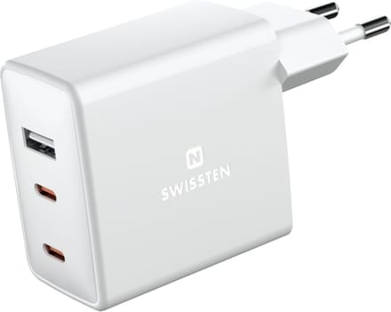 Swissten USB-C Snellader - 3 poorten - GaN technologie - 2x USB-C & USB-A - 70W - Wit