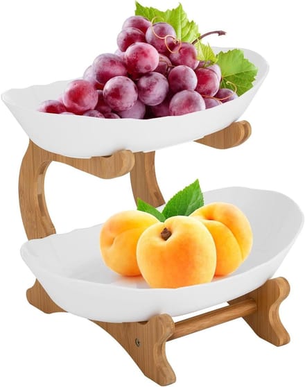 Fruitetagère 2 etages - Fruitmand presentatie - Fruit serveren - Duurzaam PP bamboe - 22.5 x 21.5cm - Wit