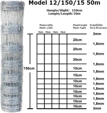 Schapengaas Licht 2.00mm/1.80mm 150cm-12-15cm 50m gegalvaniseerd.