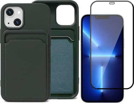 Groen Pasjeshouder Hoesje geschikt voor Apple iPhone 13 Mini - Screenprotector Glas - Backcover
