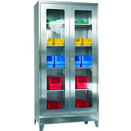 Rvs vitrinekast, 2-deurs, 4 legborden, met poten, B 1000 x D 500 x H 1950 mm