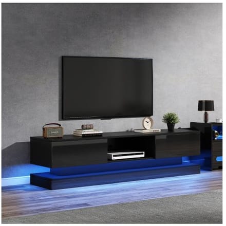 Support TV - MUVOE - 160 cm - Noir brillant - Éclairage LED - 2 tiroirs - Contrôle application