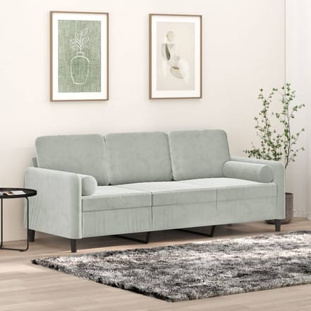 vidaXL - Driezitsbank - met - sierkussens - 180 - cm - fluweel - lichtgrijs