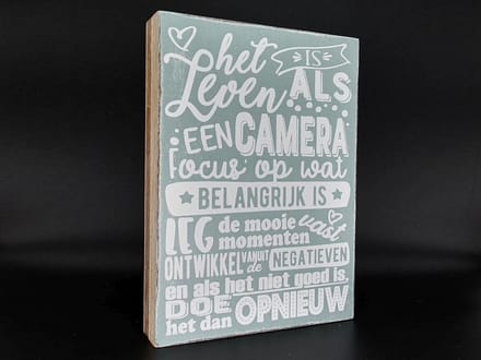 tekstblok 25x18xcm het leven is als een camera zee blauw / wit
