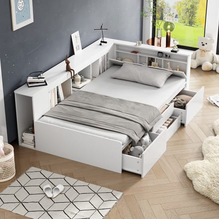 MODFU Multifunctioneel Kinderbed 90x200 cm – Met 4 lades, boekenplank en bergkast – Veel opbergruimte – MDF – Wit