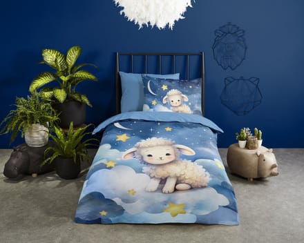 Pure dekbedovertrek schaap, sterren, maan - 1 persoons 140x200/220 cm - Blauw - Microvezel