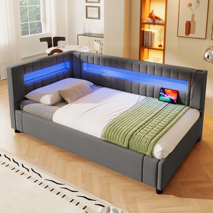 MODFU Bedframe 90x200 cm – linnen en MDF – met hydraulische opbergruimte en LED-licht – grijs – modern design