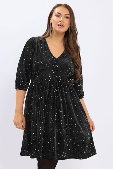 Yours Zwarte Velours Minijurk Met Sterrenprint Size 48