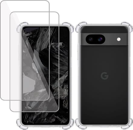 Hoesje + 2x Screenprotector geschikt voor Google Pixel 8a – Tempered Glass - Extreme Shock Case Transparant