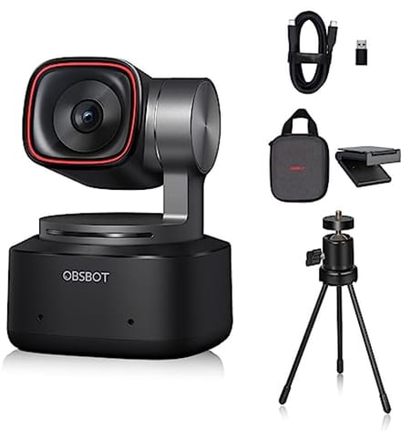 OBSBOT Tiny 2 AI-Powered PTZ 4K Webcam 1/1.5 Inch CMOS 4X Faster Focus USB 3.0 10X Faster Data Transfer, Voice Control, with Table Mini Tripod