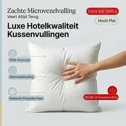 BINNENKUSSEN | Kussenvulling 50x50 cm | 1000 gram | 100% Polyester - Vulling | Microvezel