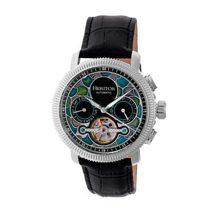 Heritor Automatic Aura Heren Semi-Skelet Lederen Band Horloge - Zilver/Zwart