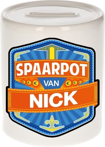 Bellatio Decorations Kinder spaarpot met naam - Nick - keramiek - met dop - wit - Sparen - Spaargeld van Nick