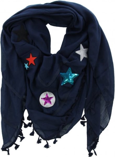 Dielay - Hippe sjaal Blauw flosjes - patches sterren sieraden - 140x140 cm