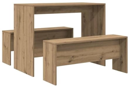 3-delig Eettafel en Bank Set van Bewerkt Hout