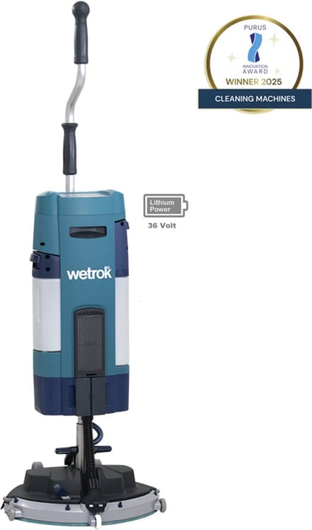 Wetrok Spin BeFree – Compacte professionele Ergonomische Schrobzuigmachine, Met 2 Lithium-ion batterijen. Machine is Bekroond met Purus Innovation Award 2025.