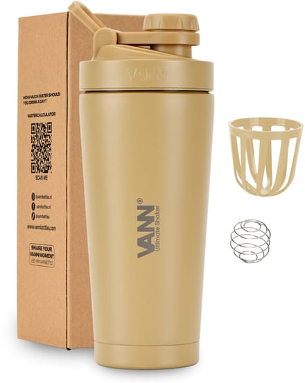 VANN® 3-wandige RVS shakebeker 750 ML - Premium Proteïne & Eiwit Shaker - ULTIMATE SHAKER™ - 12 uur koud - Taupe