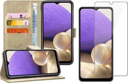 Hoesje geschikt voor Samsung A32 en Screenprotector Book Case Kunstleer Wallet Goud + Screen Protector Glas