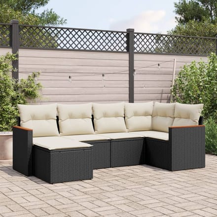 vidaXL - 6-delige - Loungeset - met - kussens - poly - rattan - zwart