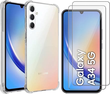 Hoesje geschikt voor Samsung Galaxy A34 - 2x Screen Protector GlassGuard - Back Cover Case ShockGuard Transparant & Screenprotector