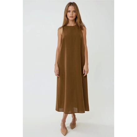 Linnen Voel Mouwloze Crew Neck Midi Jurk