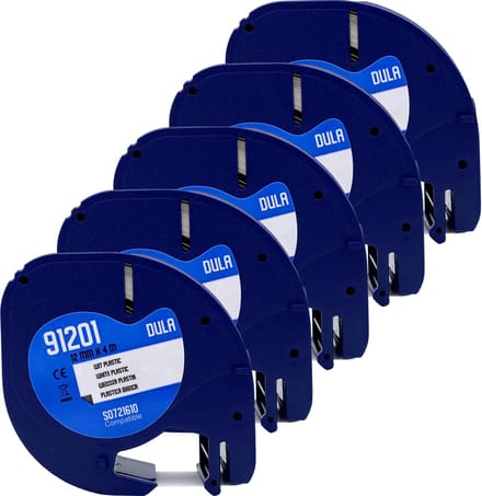 DULA - Dymo LetraTag 91201 labels - Zwart op Wit - 12mm x 4m - 5 Stuks