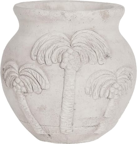 Clayre & Eef Bloempot Ø 15x14 cm Wit Steen Rond Palmbomen Bloempot binnen