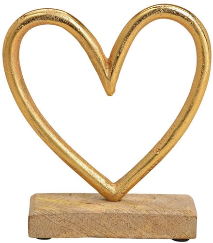Goudkleurige Hart Op Mangohouten Voet - 16x17x5 cm