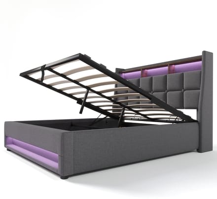 COVREO Bedframe 140x200 cm grijs, USB, LED en opbergruimte, zonder matras