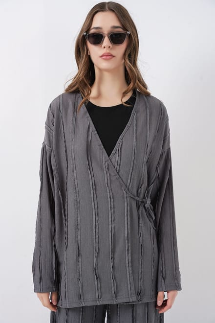 Geverfde V-hals met Strikdetail Kimono & Wijde Broek Set