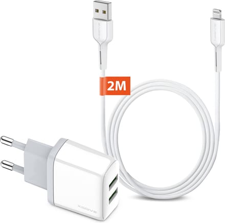 Dual USB Lader met geschikt voor iPhone Oplader Kabel 2 Meter