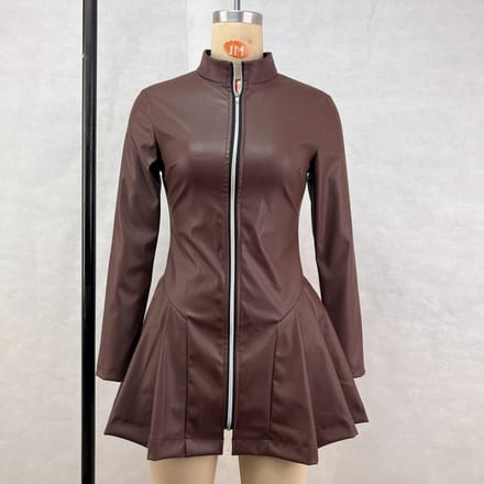 Dames Decoratieve Lange Mouw Geplooide Rok PU Leer Rits Jurk L bruin