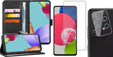 Hoesje geschikt voor Samsung Galaxy A52s - Book Case Kunstleer Wallet - Zwart - Met Screenprotector en Camera Screen Protector