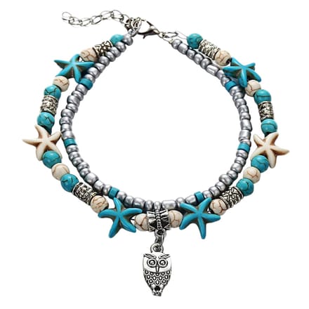 Fako Bijoux® - Enkelbandje - Enkelsieraad - Boho Zeester, Kralen & Uiltje - Turquoise