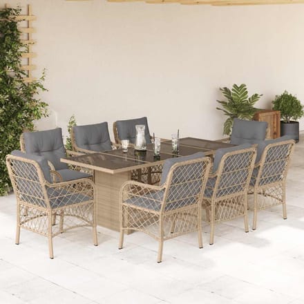 vidaXL - 9-delige - Tuinset - met - kussens - poly - rattan - gemengd - beige