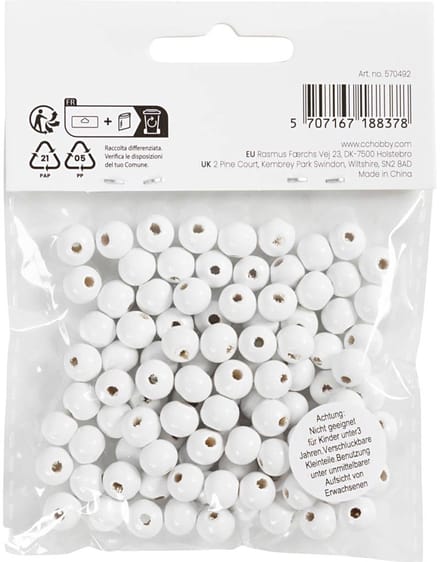 Houten Kralen, d 8 mm, gatgrootte 2 mm, ca. 80 stuk, wit, 15 gr/ 1 doos