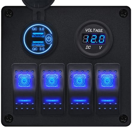 ProRide Schakelpaneel 12V voor Auto/Boot - USB Lader 2 poorten met Voltmeter - QC3.0 - 4 Schakelaars