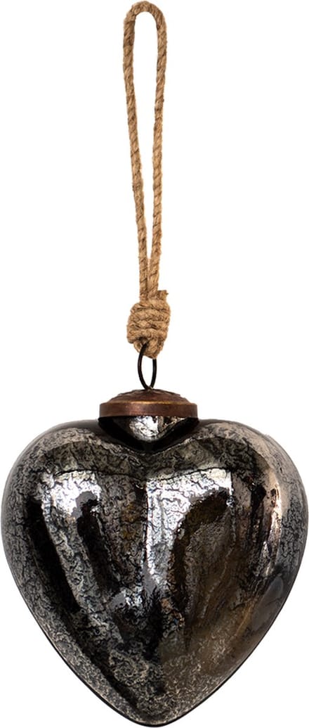 Clayre & Eef Kerstbal 11x5x12 cm Zwart Glas Hartvormig Kerstdecoratie
