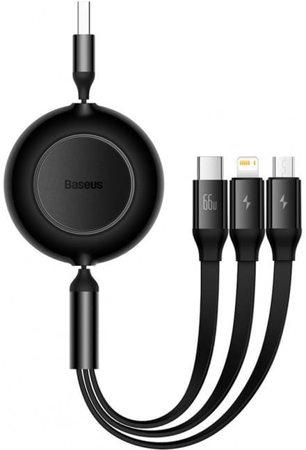 Baseus Bright Mirror 2 Series 3-in-1 oprolbare snellaadkabel - USB-A naar USB-C / geschikt voor Lightning / Micro USB - 66 Watt - Zwart