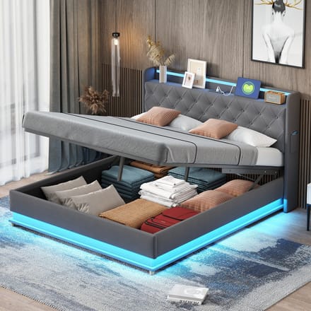 REDOM Opbergbed 160x200 cm – Linnen – Hydraulisch – LED & USB – Grijs – 350 kg