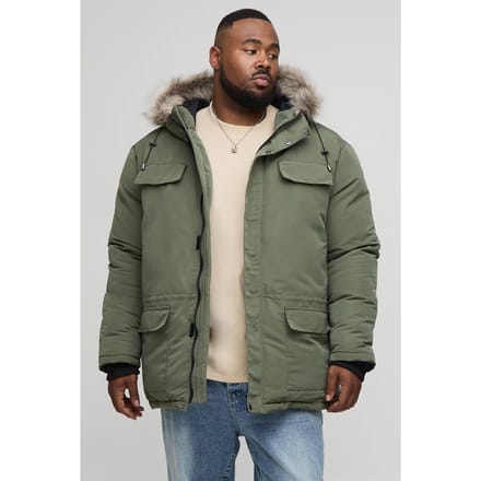 Plus Faux Fur Hooded Arctic Parka Jacket in Black | Khaki | Size 2XL
