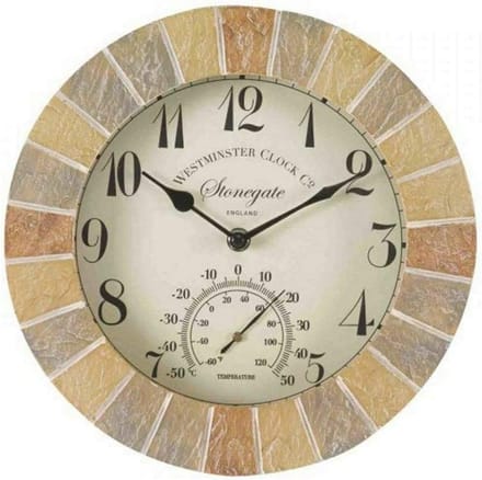 Stijlvolle Buitenklok met Thermometer in Zandsteen Look, 25cm
