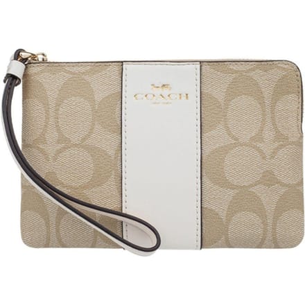Coach Hoek Ritssluiting 16 Monogram Canvas en Leer Polsbandje Clutch Kleine Dames clutch Wit Khaki 58035-IMDQC Gift Box Set (Basic Set+Yellow Box) beige