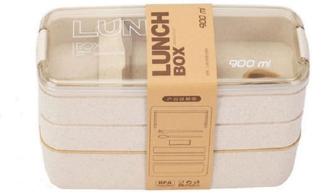 Bento Lunchbox - Lunchtrommel 900ml 3 laags - inclusief bestek - Beige - Opline