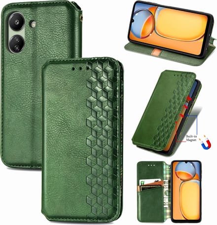 Luxe PU Lederen Ruitpatroon Wallet Casevoor Redmi 13C 4G _ Groen