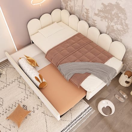 Polsterbed - 90x200 - Daybed Met Uittrekbed 90x190 - Kinderbed Met Lattenbodem - Fluweel - Beige