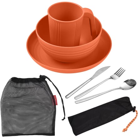 Camping Servies Set voor 1 Draagbare Tarwestro Mess Kit met Kom Bord Beker Vork Mes Lepel oranje